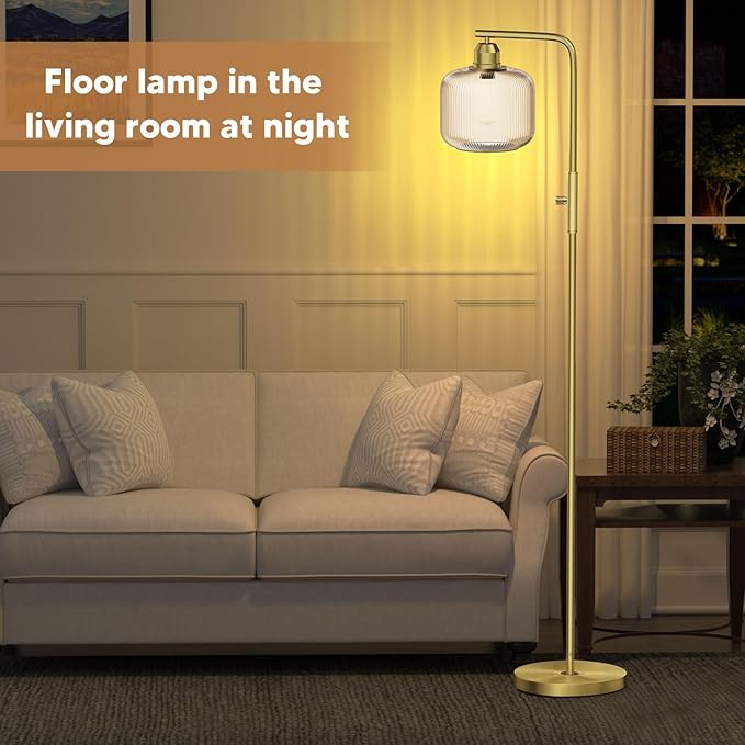 Glass Floor Lamp for Living Room, Modern Standing Lamp with Champagne Gold Ribbed Glass Lampshade, Stepless Dimmable Rotary Switch, 66” Tall Lamp & Gold Floor Lamp for Bedroom Study Room,Brushed Gold