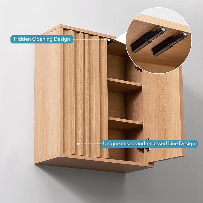 VANIRROR Fluted Bathroom Wall Cabinet Over Toilet, 15mm Thick Moisture-Resistant Wood Hanging Storage with Push-to-Open Doors, Japandi Floating Medicine Cabinet for Half Bath & Kitchen, Natural Oak