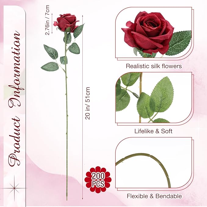 Lyrow 200 Pcs Artificial Roses Realistic Flowers Bulk Real Looking Fake Silk Rose Bouquets with Long Stem Flowers for Wedding Table Centerpieces Bridal Shower Party Home Garden Decor (Wine Red)