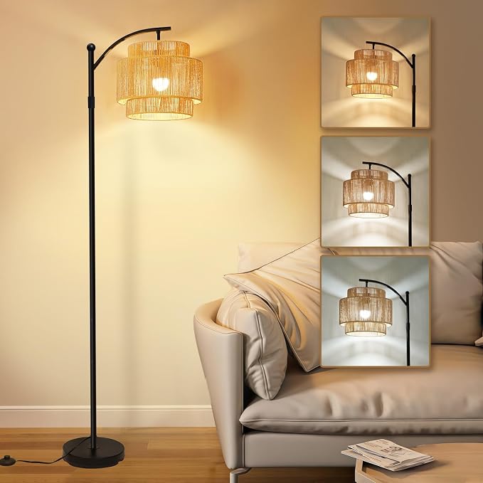 Rattan Floor Lamp with 3 Color Temperatures, Dimmable Boho Floor Lamp with Remote Control, Adjustable Height Tall Lamp for Living Room, Bedroom, Office, Wicker Standing Lamp with Foot Switch