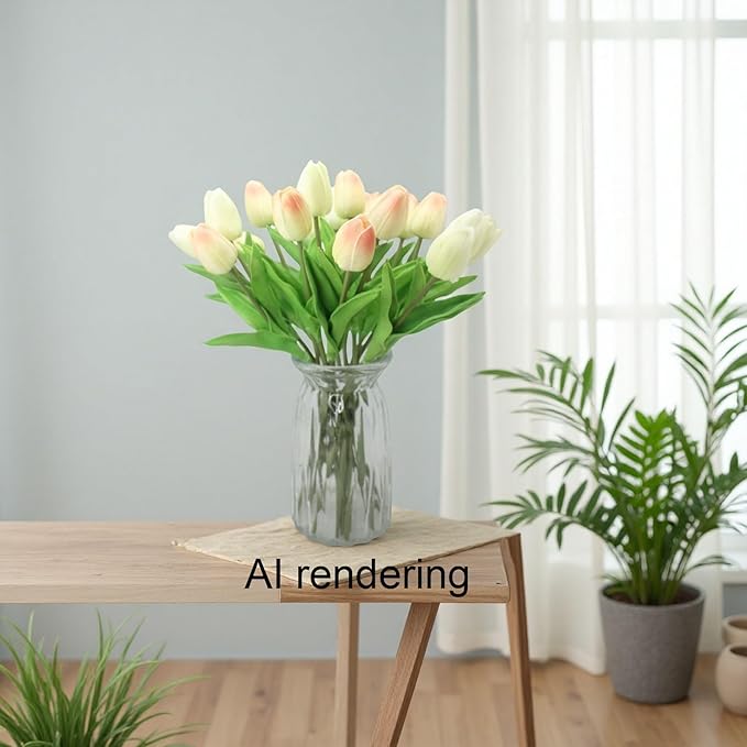 Artificial Flowers 10 Heads Mini Real Touch Artificial Tulip for Home Wedding Party Centerpiece Decoration (Champagne)