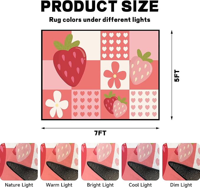 Strawberry Checkered Rug Cute Red Area Rug Love Flower Washable Carpet for Bedroom Living Room Nursery Kitchen Playroom Home Decor Soft Non Slip Floor Mat，5'x7'