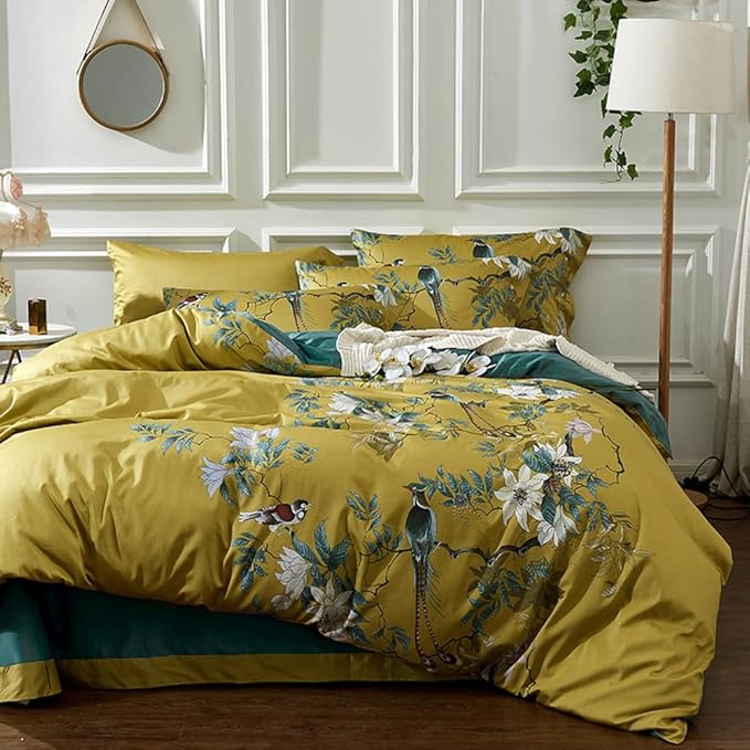 mixinni Floral Duvet Cover Set Full Soft Cotton White Flowers Birds Bedding with Zipper Closure 2 Pillowcases Leaf Printed Yellow Comforter Cover Set-Easy Care, Soft and Durable-Full Size
