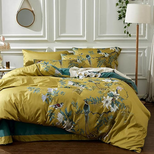 mixinni Bird Duvet Cover Twin XL Garden Floral Duvet Cover Cotton Flowers on Yellow Bedding Set Girls Bedding Comforter Cover for Teen Girls 1 Duvet Cover with 2 Pillowcases-Twin XL Size