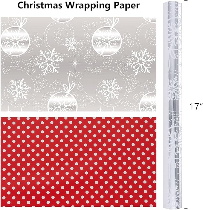 MAYPLUSS Christmas Wrapping Paper Roll - 17IN X 33FT - Silver Gift Wrapping Paper Featuring Snowflake Against Silver Reversible Polka Dot for Kids, Holiday, New Year