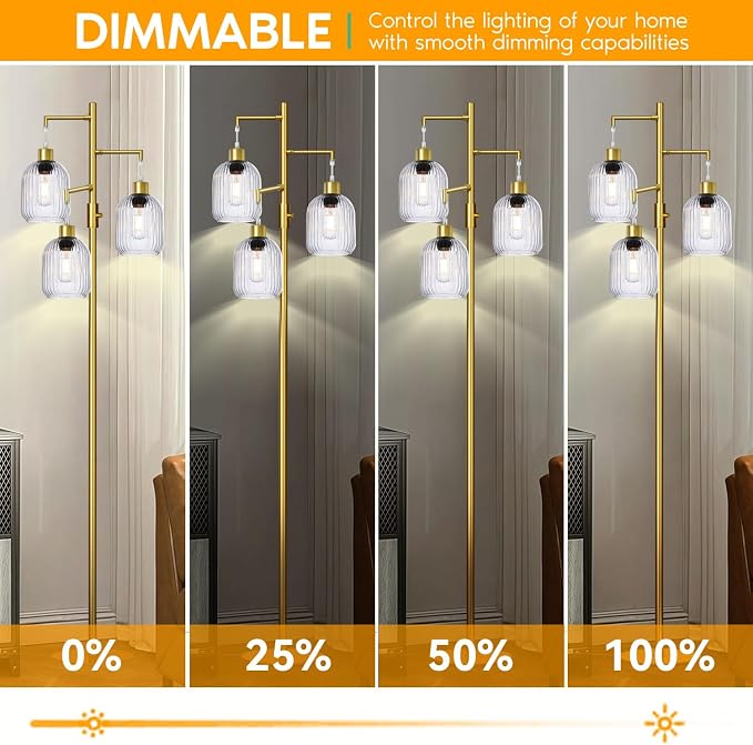 Modern Standing Lamps for Living Room, Floor Lamp with Clear Ribbed Glass Shade, Dimmable Tree Lamp Standing Lamp, Mid Century Tall Lamps with 3×600LM LED Bulbs