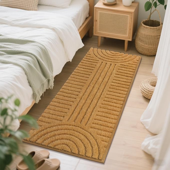SHACOS Super Soft Bathroom Runner Rugs 24"x60" Non Slip Boho Bathroom Mats Microfiber Absorbent Carpet for Bath Room Machine Washable Shaggy Bath Rugs for Shower Bathtub Home Decor, Mustard 2'x5'