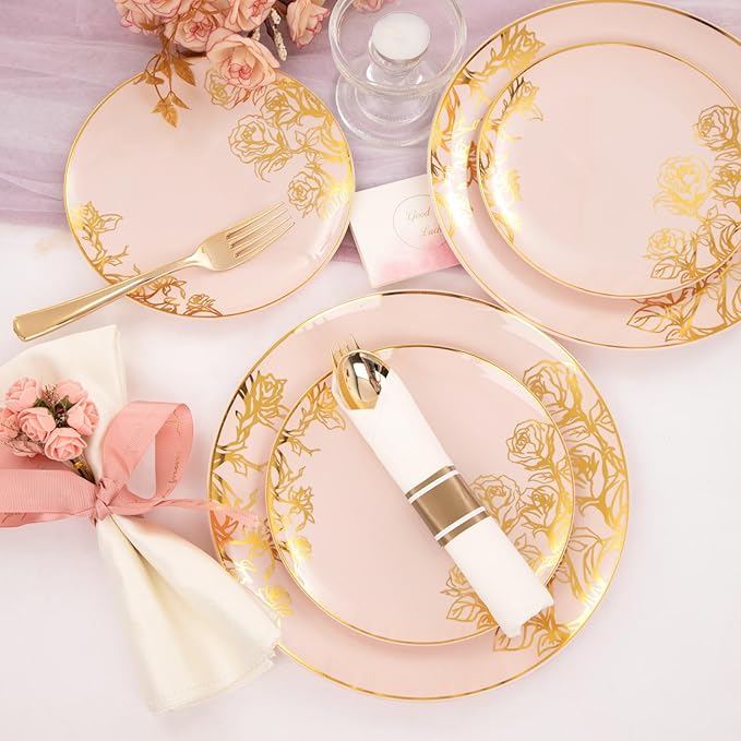 DaYammi 210Pcs Pink Gold Plastic Plates Floral Plates,Pink Disposable Dinnerware Set Includes 60 pink Plate,30 gold Plastic Silverware,30 Per Rolled Napkins,30 plastic Cups,Christmas plates for Party