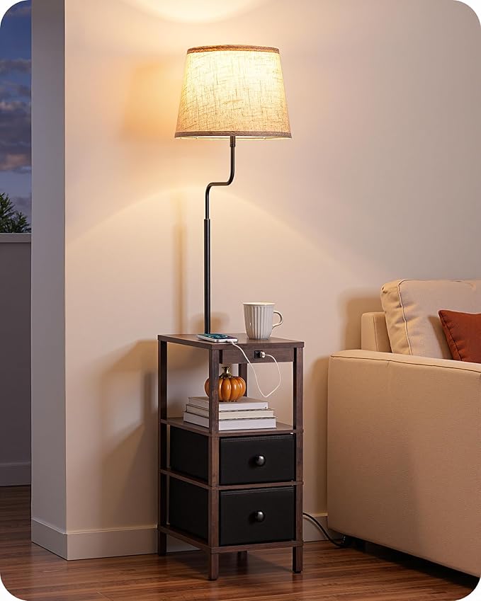 EDISHINE Floor Lamps for Living Room, 3000K-6500K Dimmable Floor Lamp with Table, USB-A+Type-C Charging Port, Table with Lamp Attached for Bedroom, Den, Office, Fire-Burned Wood Color
