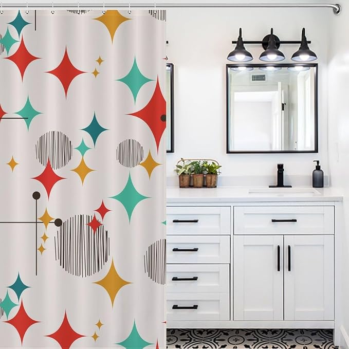 Mid Century Modern Shower Curtain,Atomic Starburst Geometric Diamond Pattern Shower Curtains Set for Bathroom Fabric Decorative Bath Curtain Washable Curtain Hooks, 72x72 inch