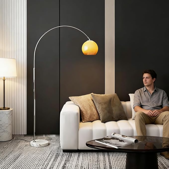 MIXL-Arc Floor Lamp with Glass Lampshade,Orange Living Room Floor Lamp,Adjustable Height Reading Standing Lamps.Mid Century Modern Standing Light for Bedroom and Couch