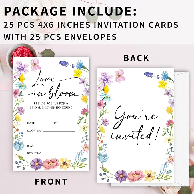 Bridal Shower Invitations, Love In Bloom Invites with Envelopes, 4x6 Inches Floral Invite Card for Wedding Shower, Newlyweds, Party Favor & Decorations-A01