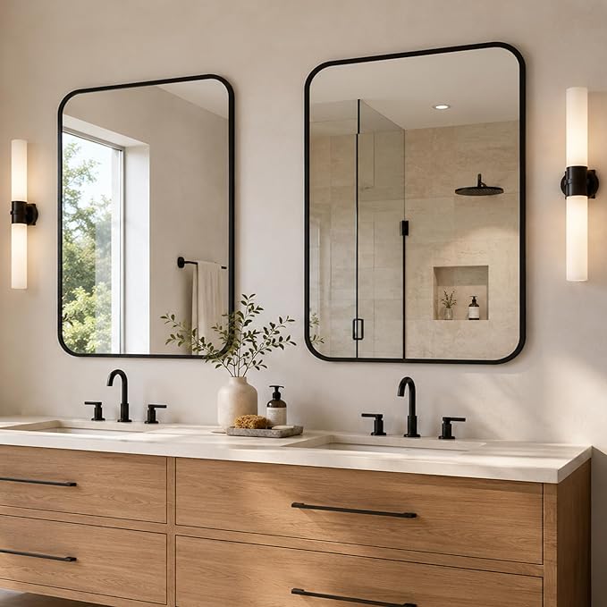 2-Pack 24x30 Inch Matte Black Bathroom Vanity Mirrors | Flush Mount Deep Set Metal Wall Mirror for Over Sink | HD Shatterproof Glass, Rustproof