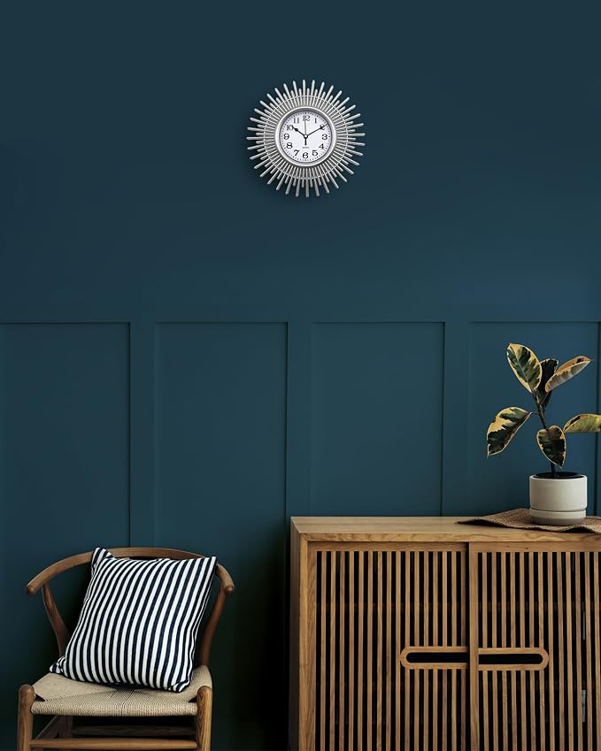 Sunburst 10 Inch Small Wall Clock, Silver Round Analog Clock Battery Operated, Modern Decorative Wall Clock for Living Room, Kitchen, Office, Bathroom