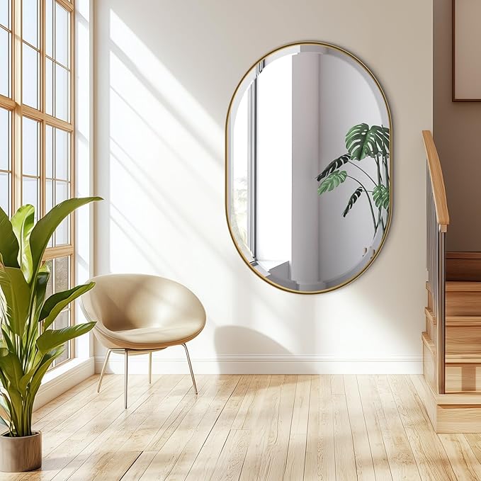 POZINO Beveled Bathroom Mirror, 24"x36" Brushed Gold Oval Vanity Mirror Over Sink, Pill Shaped Capsule Wall Mirrors for Bedroom Entryway Living Room, Hangs Vertically or Horizontally