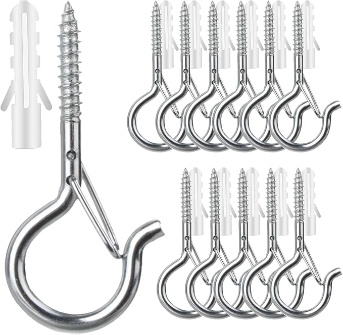 FSAH 12 PCS Q-Hanger Hooks, Screw Hooks for Outdoor String Lights, Safety Buckle Design Cup Eye Hook for Hanging Christmas Lights, Plants, Wind Chimes, Mounted on Wall Ceiling, Windproof, Silver