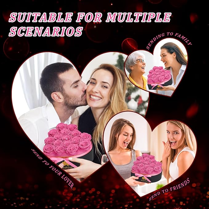 16 Pieces Forever Flower Heart Shape in a Box Preserved Blue Roses for Delivery Grade A Quality 100% Real Immortal Flowers Eternal Birthday for Her Mom Women Wife Girlfriends (Pink)