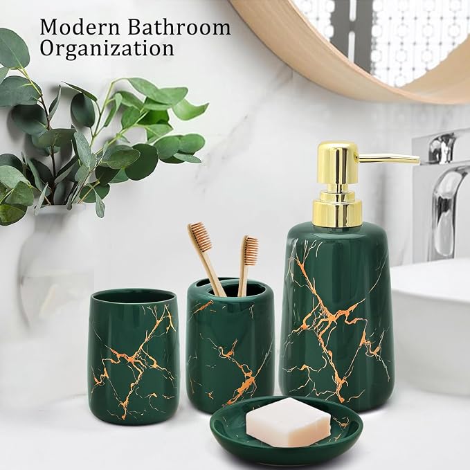 CERBIOR Bathroom Accessories Set,4 Pcs Ceramic Bathroom Decor Accessory,Includes Toothbrush Holder, Toothbrush Cup, Soap Dish for Decorative Countertop and Housewarming Gift(Green 4pcs)
