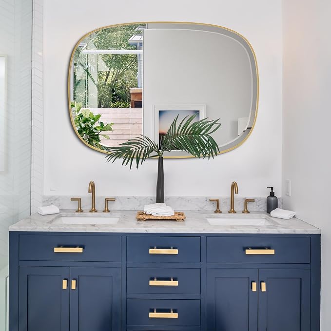 POZINO Bathroom Beveled Mirror, 32"x24" Brushed Gold Vanity Mirrors with Stainless Steel Frame, Rectangle Aesthetic Wall Mirror for Entryway Hallway Bedroom Living Room, Horizontal or Vertical Hanging