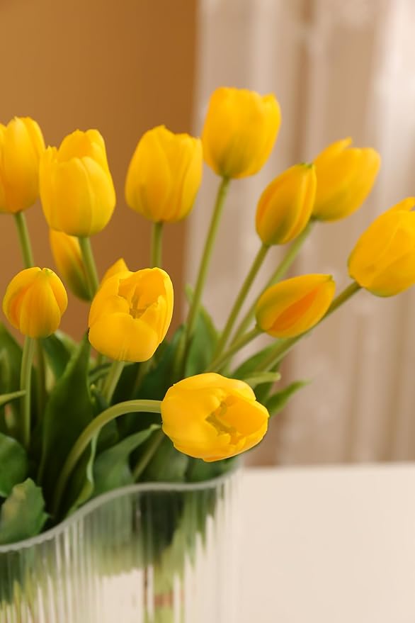 Real Touch Tulips Artificial Flowers Latex Faux Tulip Realistic Fake Tulips Flowers for Wedding Home Decorations(10, Yellow)