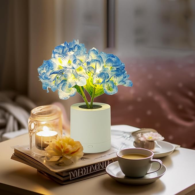 WSYEAR Blue Artificial Hydrangea LED Flower Lamp -Christmas Birthday Gifts for Women, Artificial Hydrangea Flower Table Lamp Decor for Bedroom Bar Coffee Shop Wedding