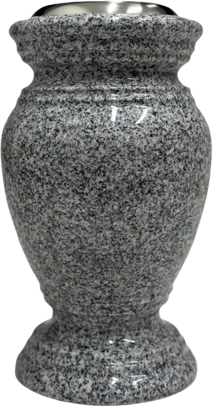Memorial Cemetery Flower Vase - Real Granite (Grey Granite), with Stainless Steel Inner, Grave Marker, Decorations for Gravesite, Headstone Flowers Holder, Garden Lawn & Yard (5.5x5.5x9)