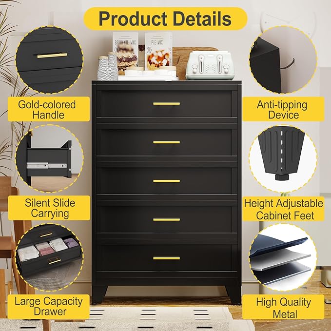53.54" Tall Metal Dresser for Bedroom, 5 Drawer Black Closet Dressers Chests, Modern Storage Organizer Unit, Large Storage Space Drawer Storage Cabinet for Living Room, Entryway, Hallway