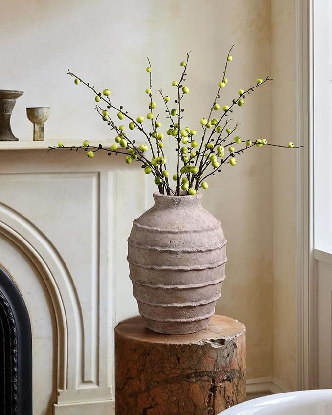 Kokrose Terracotta Vase, White Grey Rustic Farmhouse Decor, Vintage Large Pottery Clay Vase, Ceramic Flower Vases for Centerpieces, Table Top Fireplace Mantel Decor