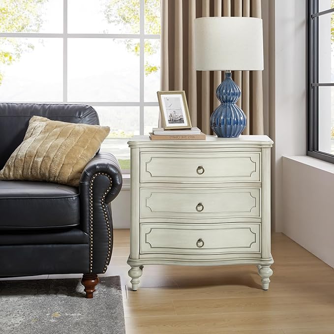 HULALA HOME Traditional Side Table with 3 Drawers, Tall Side Table with Curved Front Profle Desgin, Charging Station, Solid Wood Legs, White