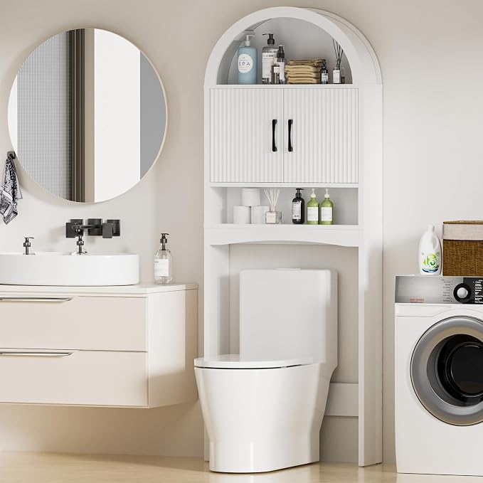 Spurgehom Over The Toilet Storage Cabinet, Bathroom Shelf Organizer Freestanding, Bathroom Arch Cabinet Over Toilet with Toilet Paper Holder and Anti-Tipping Device (Narrow Style-White)