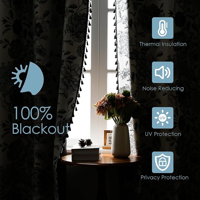 Blackout Black Floral Farmhouse Curtains Living Room Thermal Insulated Drapes, Elegant Peony Pattern & Tassel Curtains 2 Panels Blocking Curtains for Windows Floral Drapes (52W*84L)