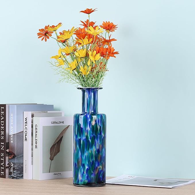 13" H Hand-Blown Glass Vase, Modern Art Glass Cylinder Vase, Green Glass Decorative Vase for Living Room Dining Table centerpieces, TV Console, Office, and Console Decor.