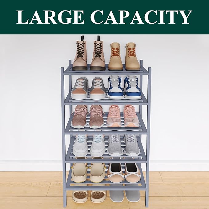 Smiry Small Bamboo Shoe Rack 5-Tier, Stackable Wooden Shoe Organizer for Entryway & Closet, Free Standing Wood Shoe Storage Shelf for Front Door & Small Spaces, Grey