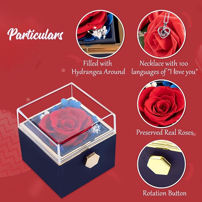 Forever Rose Gifts for Her,Preserved Real Red Flowers Rotating Box with I Love You Necklace 100 Languages,Mothers Day Eternal Rose Rotating Jewelry Box Gifts for Women Mom Wife Girlfriend