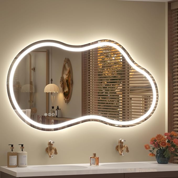 48x26 Inch Irregular LED Backlit Bathroom Mirror, Asymmetrical Cloud Led Lighted Vanity Mirror for Wall, Anit-Fog, Dimmable, Memory, 3 Colors, Shatterproof(Horizontal/Vertical)