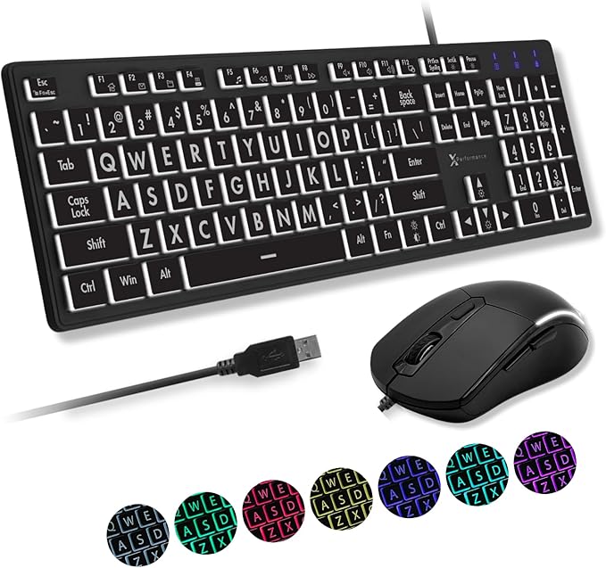 X9 Wired Keyboard and Mouse Combo - Large Print Backlit Keyboard and Mouse for Elderly, Low Vision, Visually Impaired - 7 LED Light Up Color, Lighted Large Letters for Laptop PC Computer USB