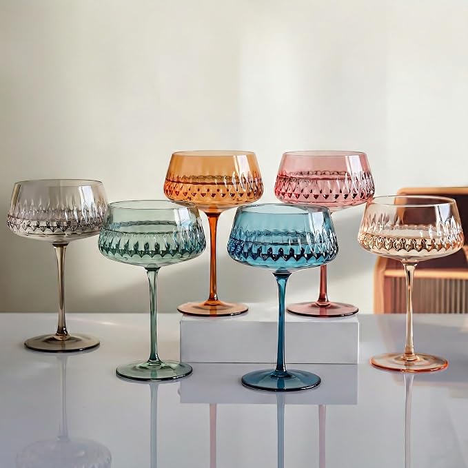JOVGANK Colored Martini Set of 6, Hand Blown Colorful Cocktail Glasses 14Oz, Vintage Champagne Coupe, Large Margarita, Crystal Retro Style Bar Drinking, Multicolor