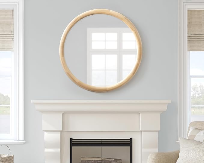 Kate and Laurel Dessa Modern Round Wooden Wall Mirror; 32 Inch Diameter; Natural; Transitional Circle Bathroom Vanity Mirror with Chunky Rounded Profile and Solid Poplar Wood Frame