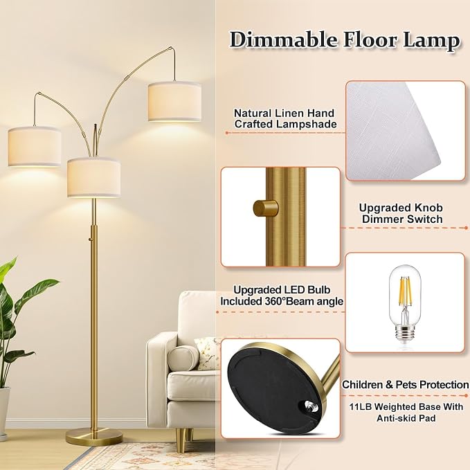 Dimmable Floor Lamp, 3 Light Brass Arc Floor Lamp, Modern Tall Standing Tree Lamp with White Linen Shades & Heavy Base, 3000LM LED Bulbs, Bright Lighting for Living Room, Bedroom, Office & Reading