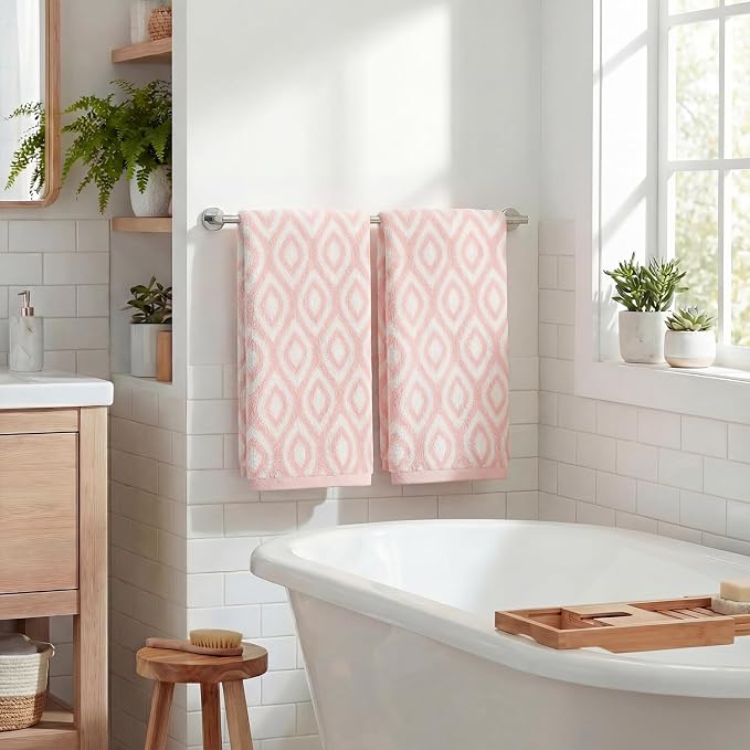 Artoid Mode 2 Pcs Beige Pink Diamond Grid Jacquard Hand Towels for Bathroom, 100% Cotton Soft Absorbent Bathroom Decor Towels, 13.7 x 29.5 Inch