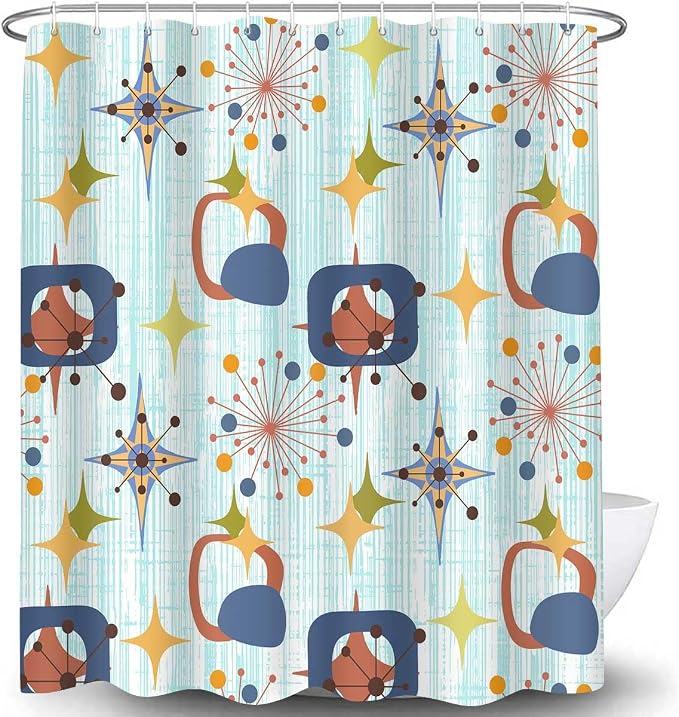 Mid Century Shower Curtain, 72x72inch, Modern Abstract Retro Blue Striped Geometric Shower Curtain Sets 1950s Boho Bathroom Shower Curtain with 12 Hooks