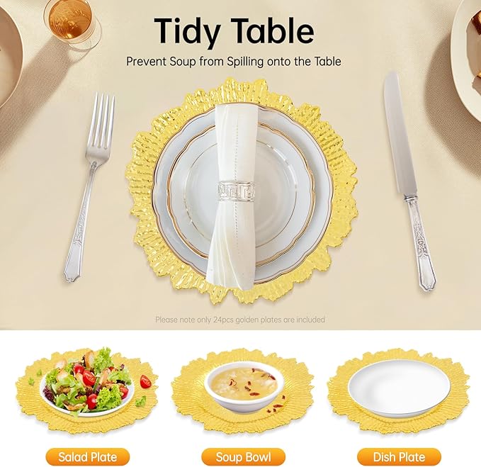 24 Pcs Gold Charger Plates Bulk, 13" Reef Plate Chargers for Dinner, Round Plastic Floral Table Charger Plates for Table Setting, Wedding, Christmas, Party, Event, Decoration