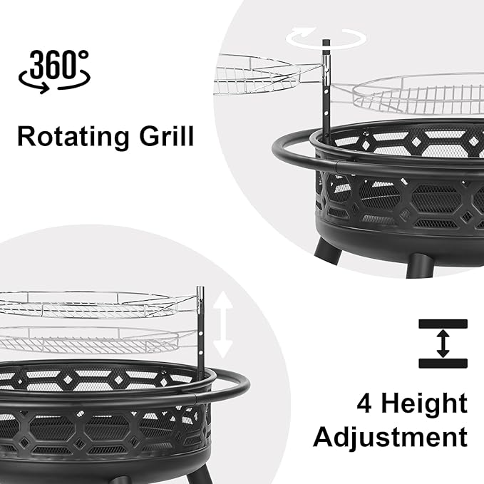 Florise 36 Inch Fire Pit, Outdoor Wood Burning Firepit with Removable Grill & Poker, Heavy Duty Metal Round Fireplace,2 in 1 Large Bonfire for Outside,BBQ,Yard,Patio