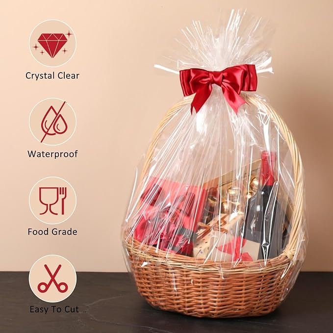 Mauproy 34 In x 100 Ft Clear Cellophane Wrap Roll, Extra Wide, 2.5 Mil Thick Transparent Plastic Gift Wrapping Paper for Gift Baskets, Flower Bouquets, Gifts, Treats (34” Fold into 17”)