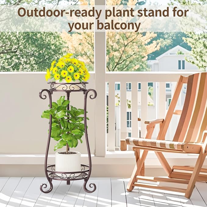LASZOLA 2 Tier Bronze Metal Plant Stand for Multiple Large Planters Indoor Outdoor Organizer, Heavy Duty Tall Flower Stand for Corner Patio Bathroom Office, Modern Sturdy Vertical Iron Rack, Cat Proof