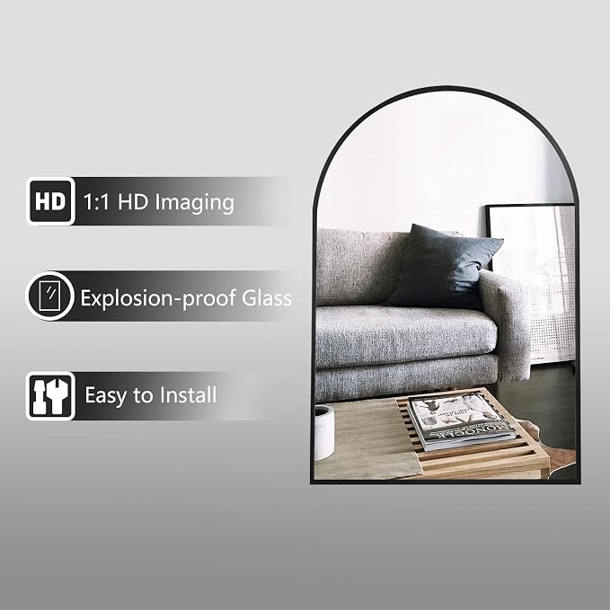 HARRITPURE Wall Mounted Mirror Arch Mirror for Bathroom,Vanity Mirror Aluminum Alloy Metal Frame Home Decor for Bathroom Bedroom Living Room Entryway (Black-2Pcs, 24“*36”)