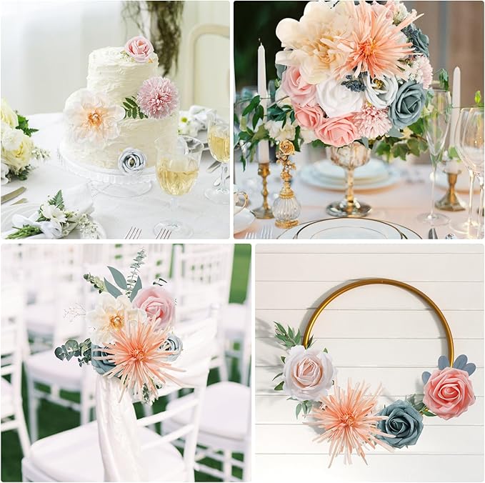 Artificial Flowers Combo Box Dusty Blue Pink Artificial Flowers for DIY Tables Centerpieces Baby Shower Bridal Shower Wedding Bouquet Party Decor