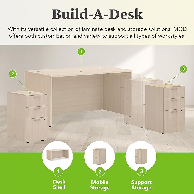 HON MOD Executive Desk 66-Inch Large Computer Desk Shell, Thick Wooden Laminate, Modern Table with Cord Management, 66" W x 30" D x 29" H, Desert Oak