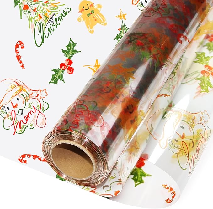 SYOGUA Clear Cellophane Wrap with Christmas Designs, 100 Ft x 34 In Extra Wide Cellophane Roll Christmas Cellophane Paper for Gifts, Baskets, Treats, Candies, Favors, Decoration