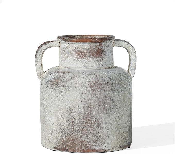 Ceramic Vase with Handles, 6.3 Inch Rustic Flower Vase, Farmhouse Table Decor, Distressed Terracotta Jug for Home Decor, Vintage Centerpieces for Tables, Shelf, Mantel, Living Room Decoration